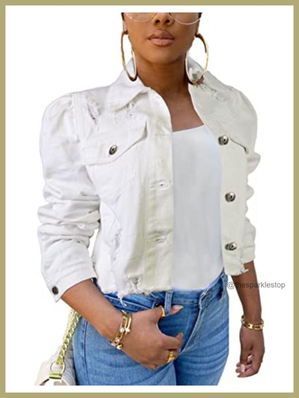 Distressed Crop Jean Jacket Women Long Puff Sleeve Denim Trucker